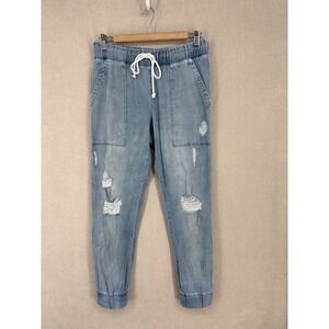 Bella Dahl Jogger Pants S Blue Distressed Denim Pocket Holes Drawstring Light